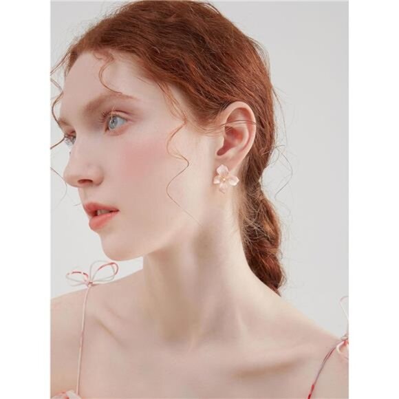 Pink Flower Dangle Earrings – Elegant Pearl-Embellished Design - Picture 2 of 5